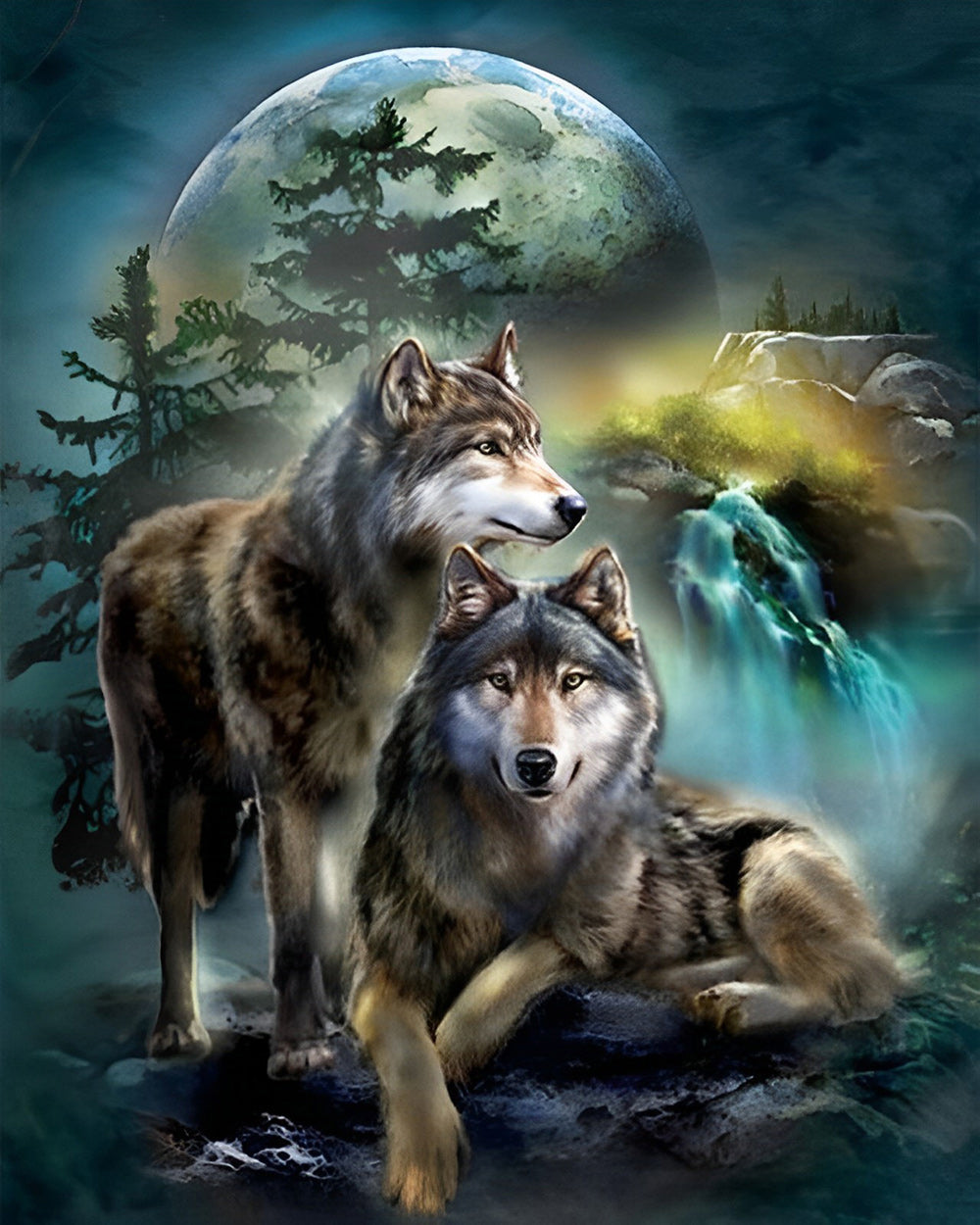 Loups et Lune la Nuit Broderie Diamant