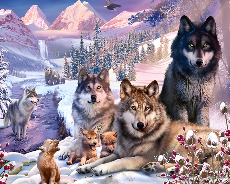 Loups sur Champ de Neige Broderie Diamant