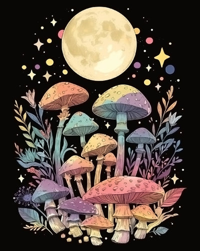 Lune et Champignons Colorés Broderie Diamant