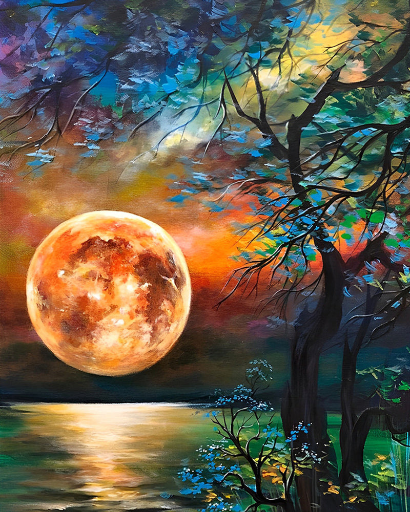Lune Rouge et Arbre au Bord du Lac Broderie Diamant