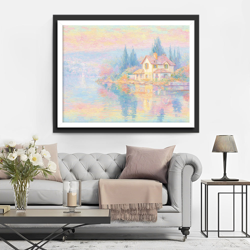 Maison au Bord du Lac dans la Brume Broderie Diamant