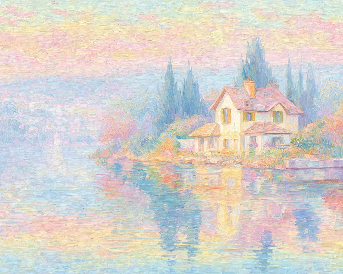 Maison au Bord du Lac dans la Brume Broderie Diamant