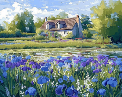 Maison de Campagne et Fleurs d'Iris Broderie Diamant