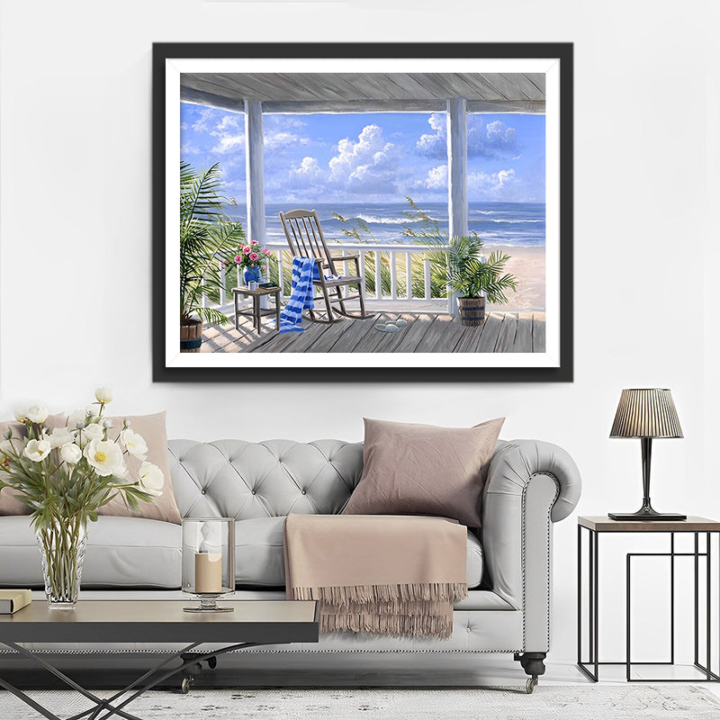 Maison en Bois avec Galerie au Bord de la Mer Broderie Diamant
