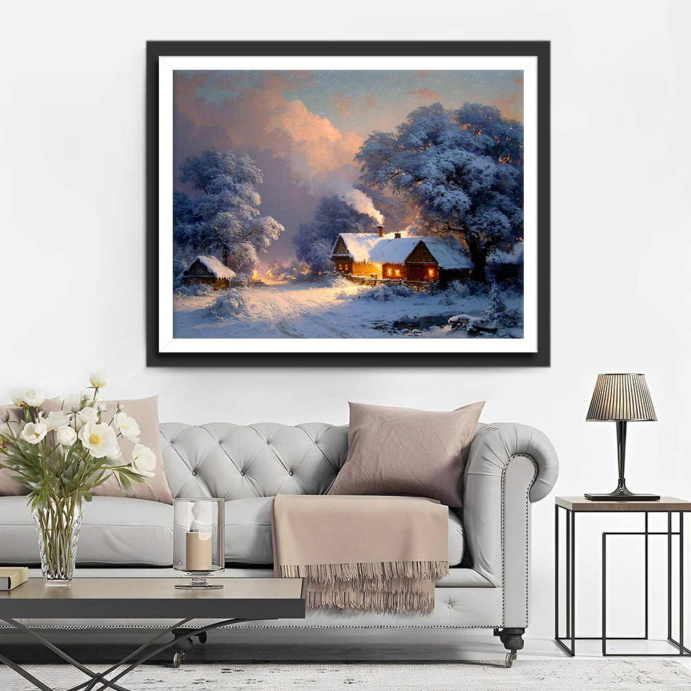 Maison en Bois et Arbres Enneigés Broderie Diamant