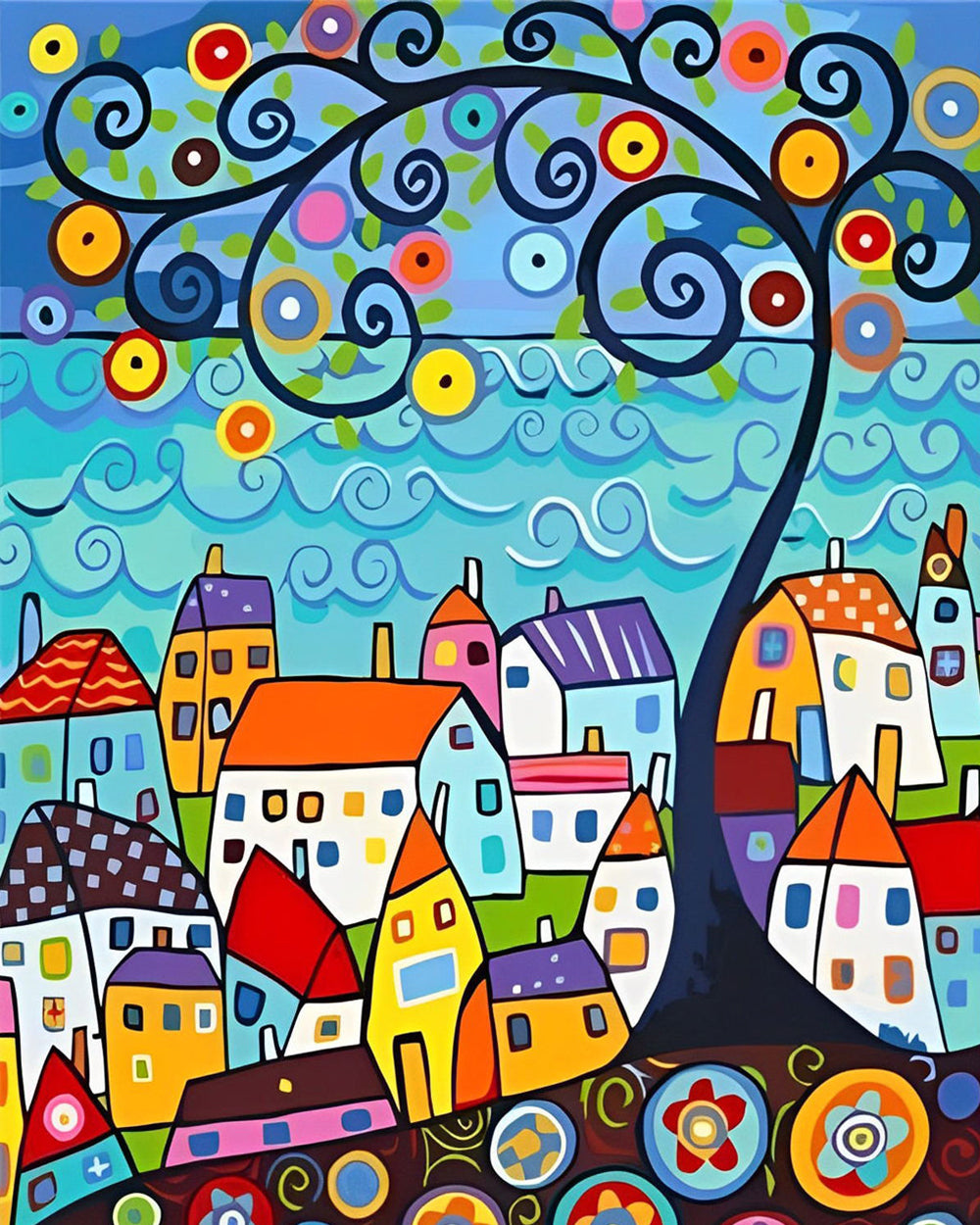 Maisons Cartoon et Arbre Broderie Diamant