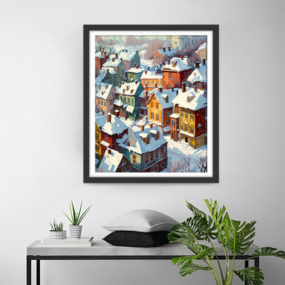 Maisons Colorées Couvertes de Neige Broderie Diamant
