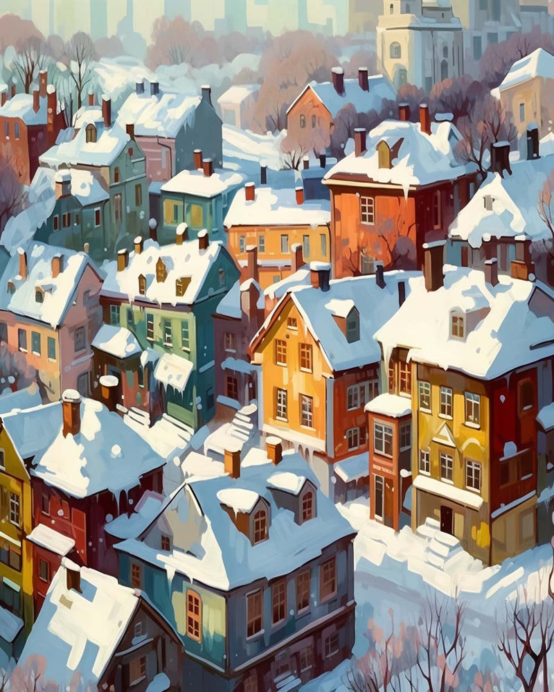 Maisons Colorées Couvertes de Neige Broderie Diamant