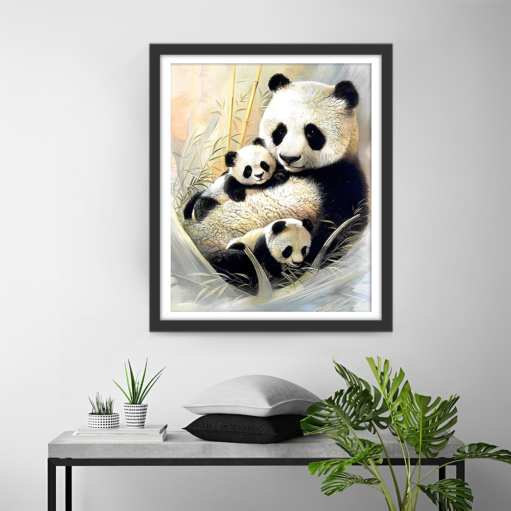 Maman Panda Tenant ses Bébés Broderie Diamant