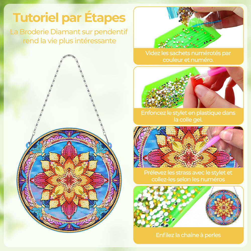 Mandala Fleur de Lotus en Acrylique Pendentif Broderie Diamant