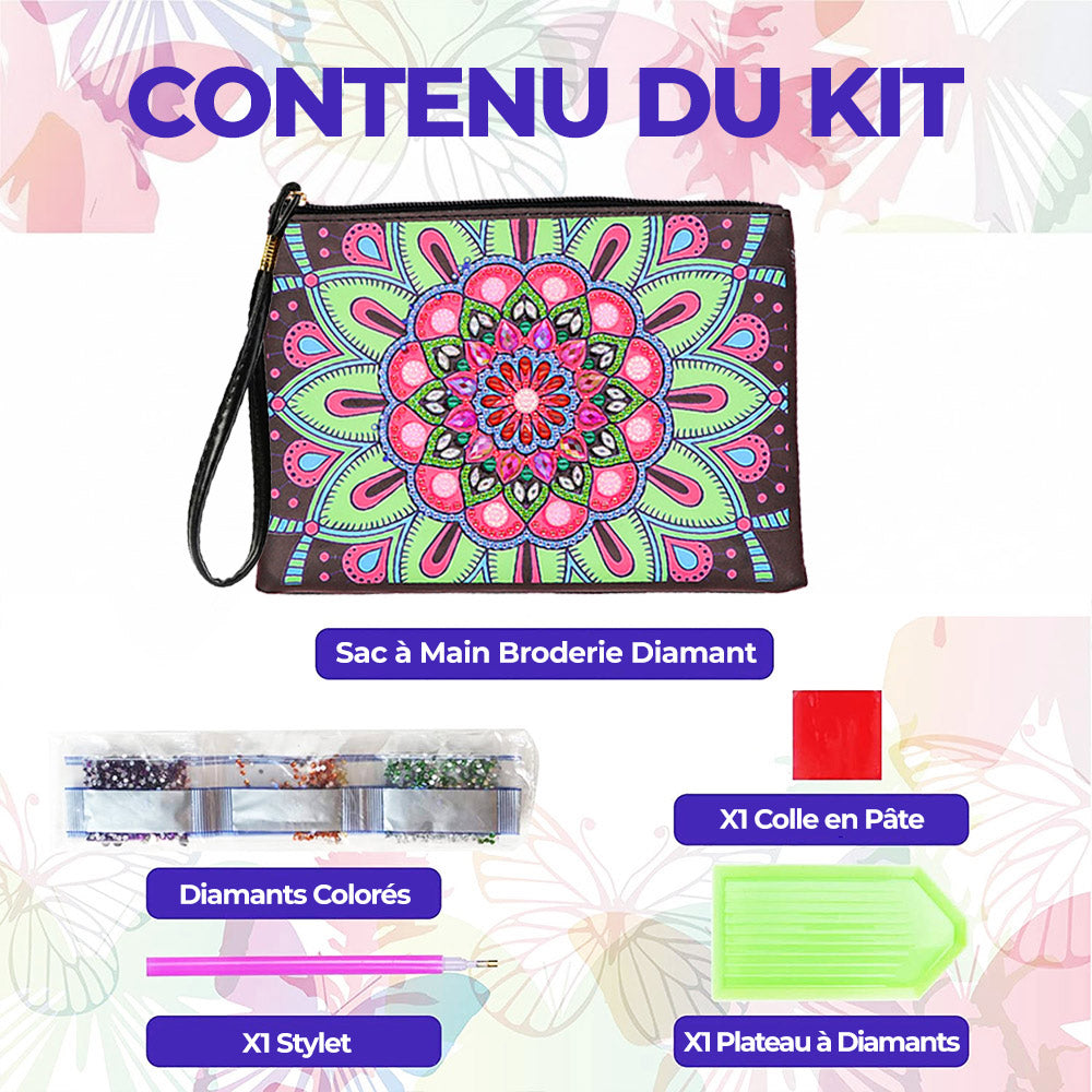 Mandala Lotus Rose-Vert Broderie Diamant Sac Poignet