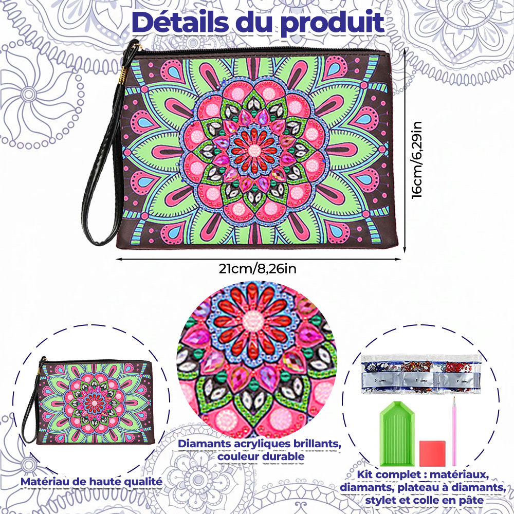 Mandala Lotus Rose-Vert Broderie Diamant Sac Poignet