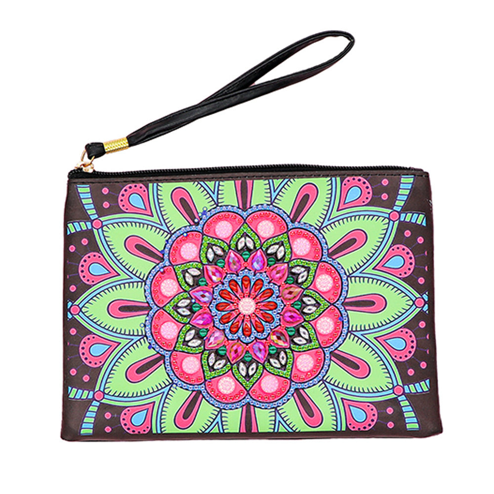 Mandala Lotus Rose-Vert Broderie Diamant Sac Poignet