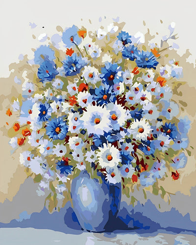 Marguerites Blanches et Bleues Broderie Diamant