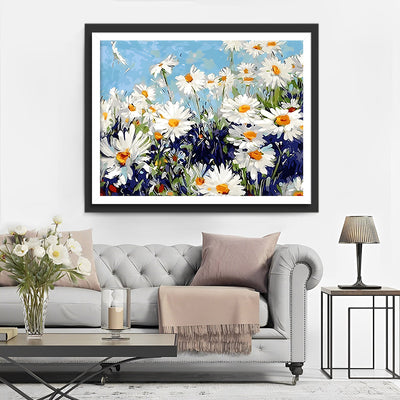 Marguerites Blanches sous Ciel Bleu Broderie Diamant