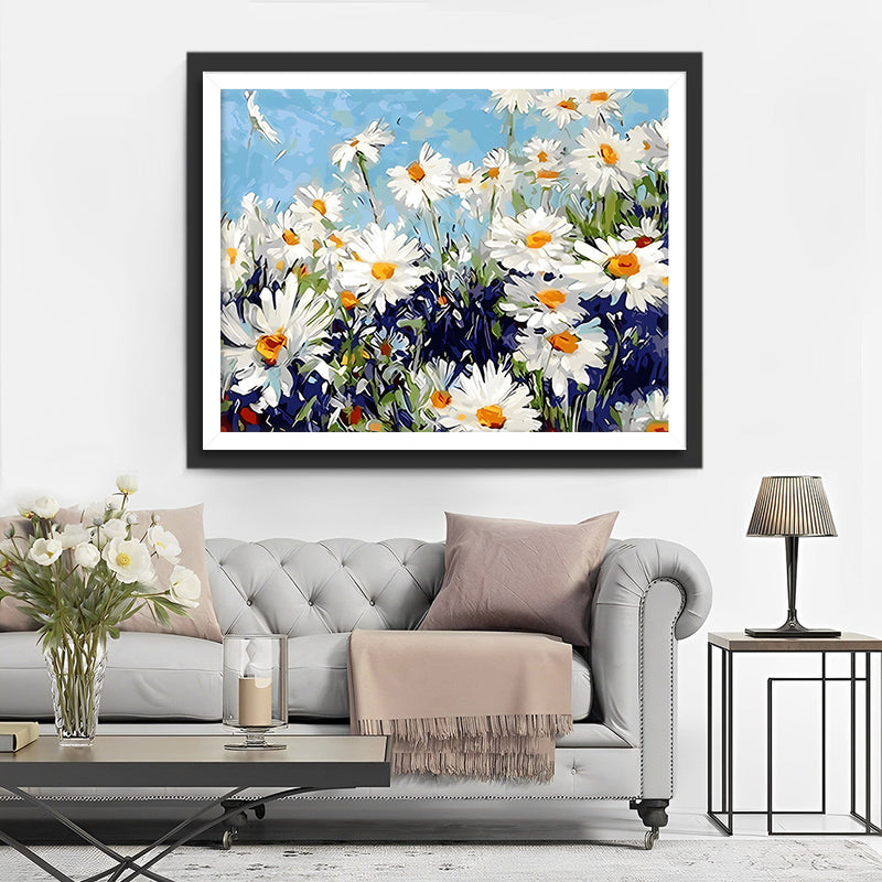 Marguerites Blanches sous Ciel Bleu Broderie Diamant