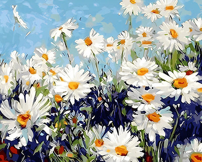 Marguerites Blanches sous Ciel Bleu Broderie Diamant