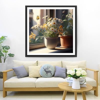 Marguerites en Pot sur le Rebord de la Fenêtre Broderie Diamant