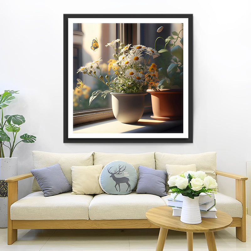 Marguerites en Pot sur le Rebord de la Fenêtre Broderie Diamant
