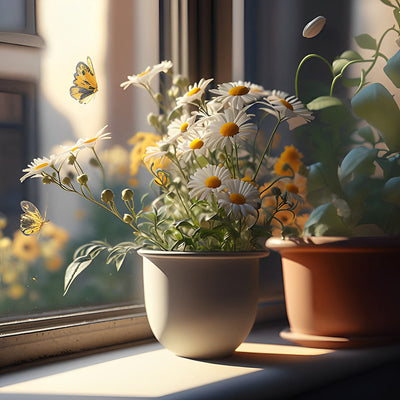 Marguerites en Pot sur le Rebord de la Fenêtre Broderie Diamant