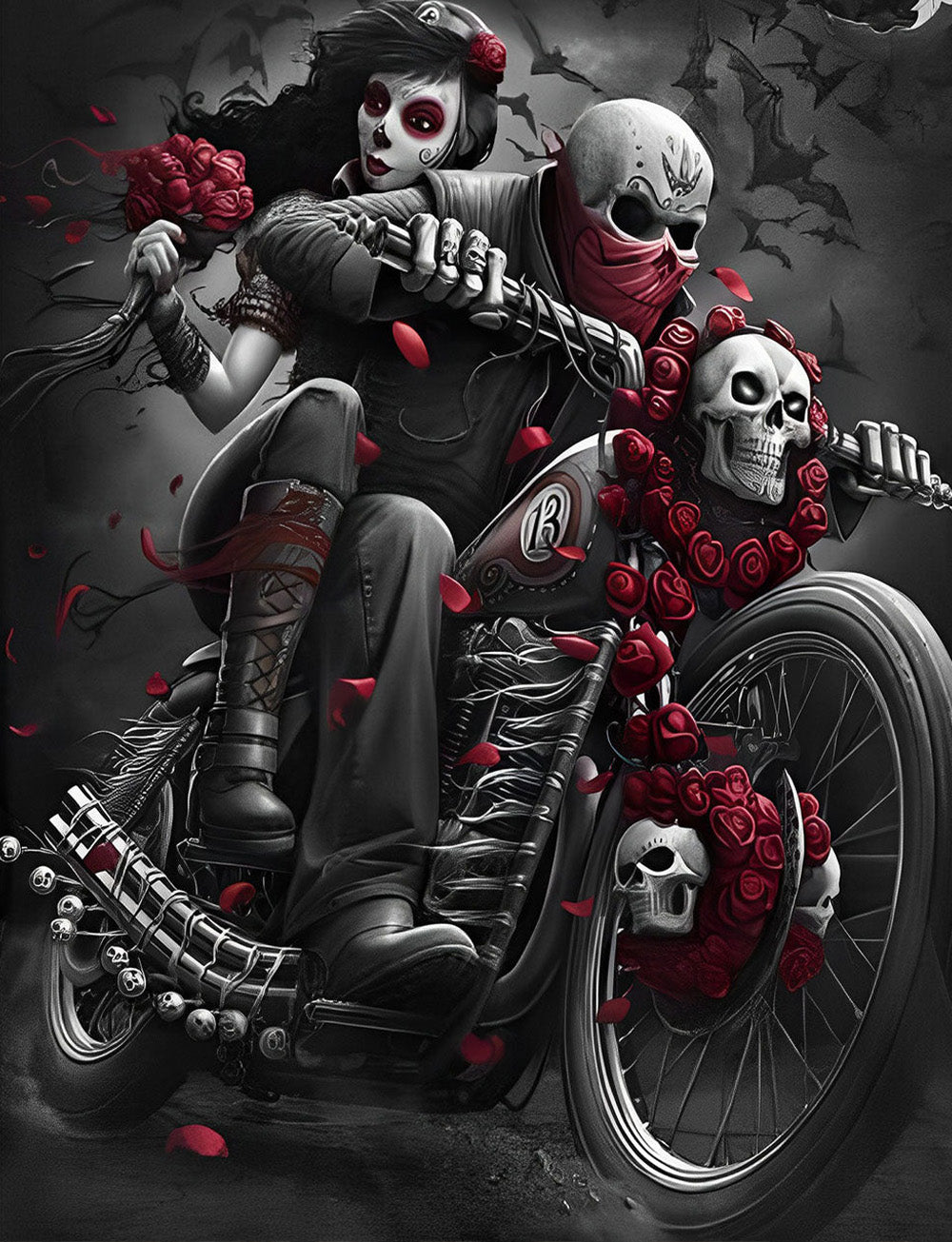 Mariée et Marié Squelettes à Moto Broderie Diamant