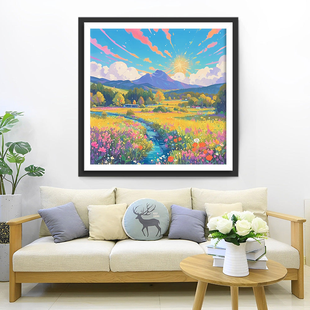 Mer de Fleurs au Pied de la Montagne Broderie Diamant