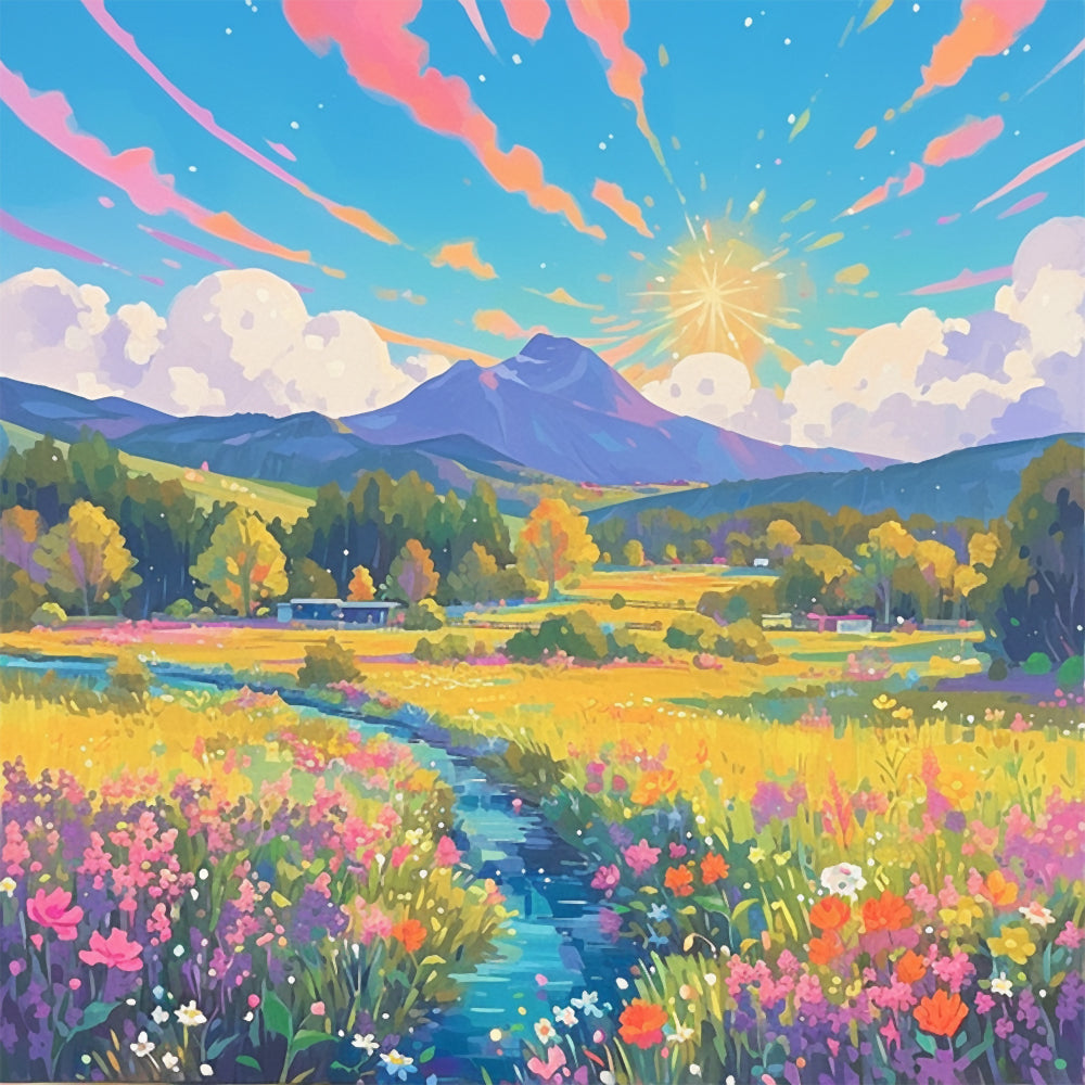 Mer de Fleurs au Pied de la Montagne Broderie Diamant