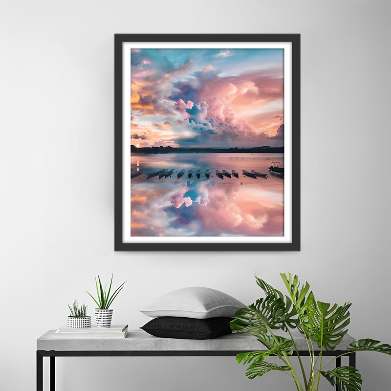 Mer et Bateaux sous les Nuages Roses Broderie Diamant