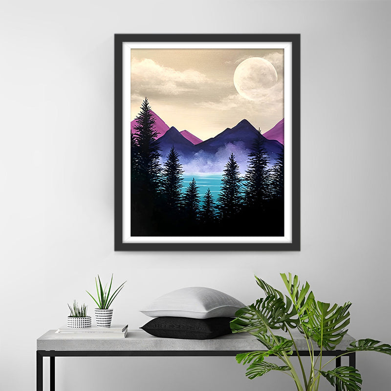 Montagne Violette, Lune et Arbres Broderie Diamant