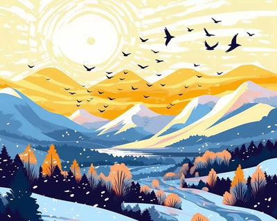 Montagnes Enneigées et Oiseaux au Lever du Soleil Broderie Diamant