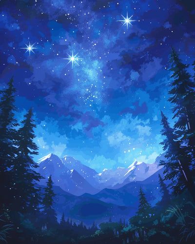 Montagnes et Forêts sous le Ciel Étoile Bleu Broderie Diamant