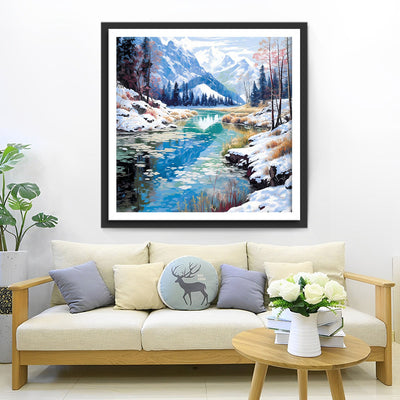Montagnes et Rivière Couvertes de Neige Broderie Diamant