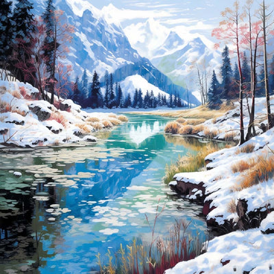 Montagnes et Rivière Couvertes de Neige Broderie Diamant