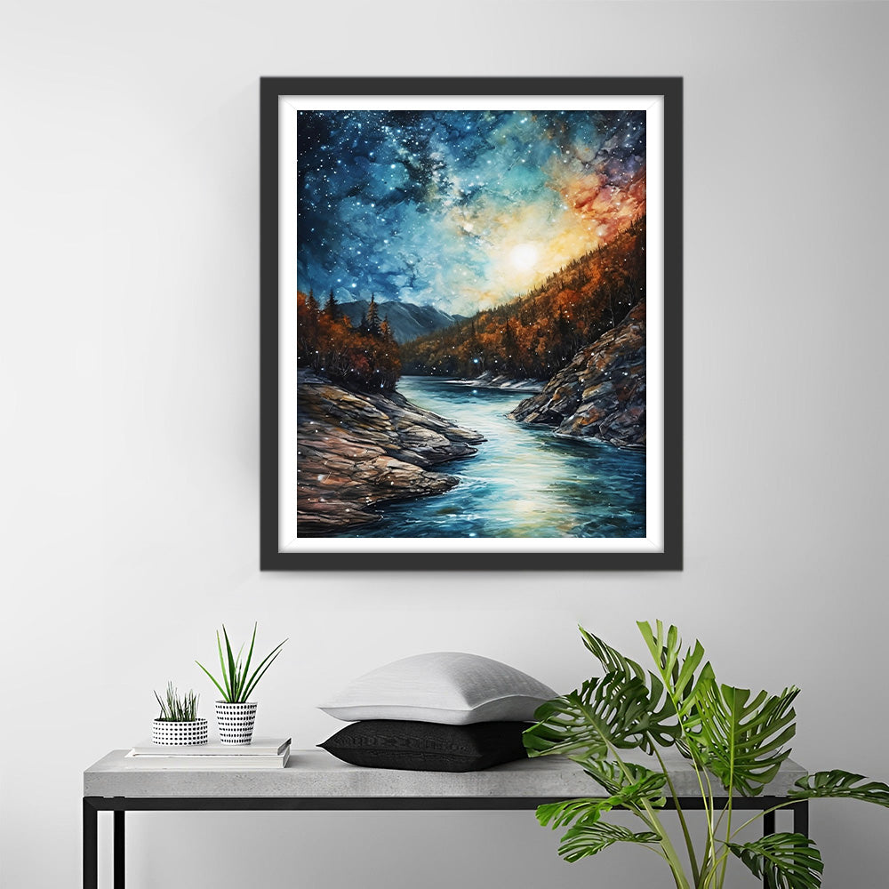 Montagnes et Rivière sous le Ciel Étoile Calme Broderie Diamant