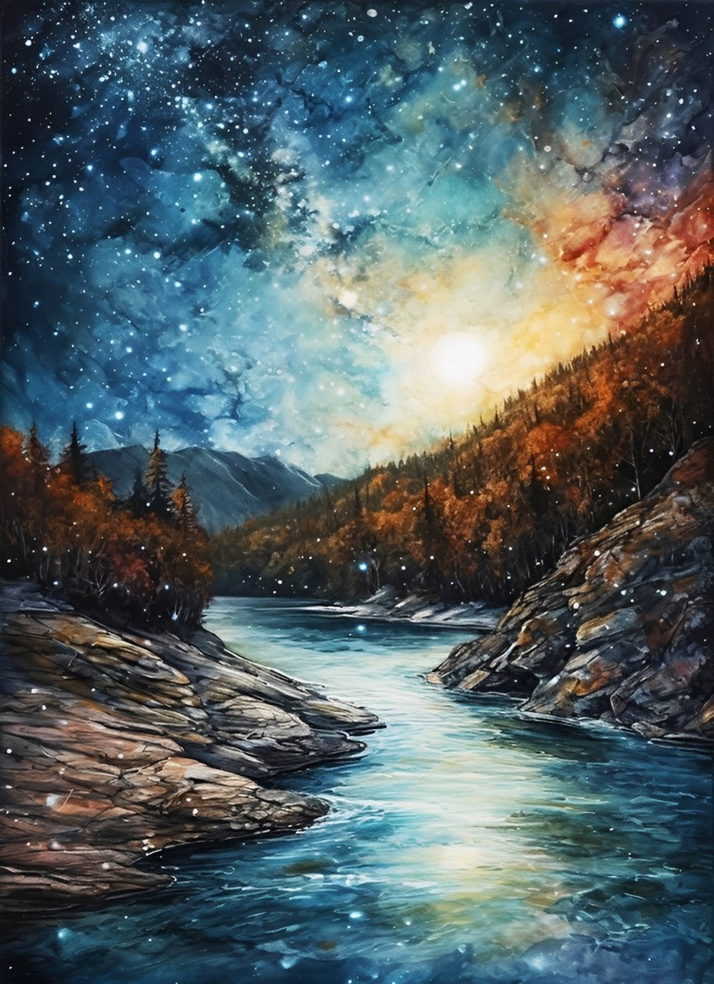 Montagnes et Rivière sous le Ciel Étoile Calme Broderie Diamant