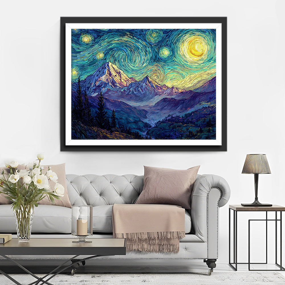 Montagnes sous une Nuit Étoilée Style Van Gogh Broderie Diamant