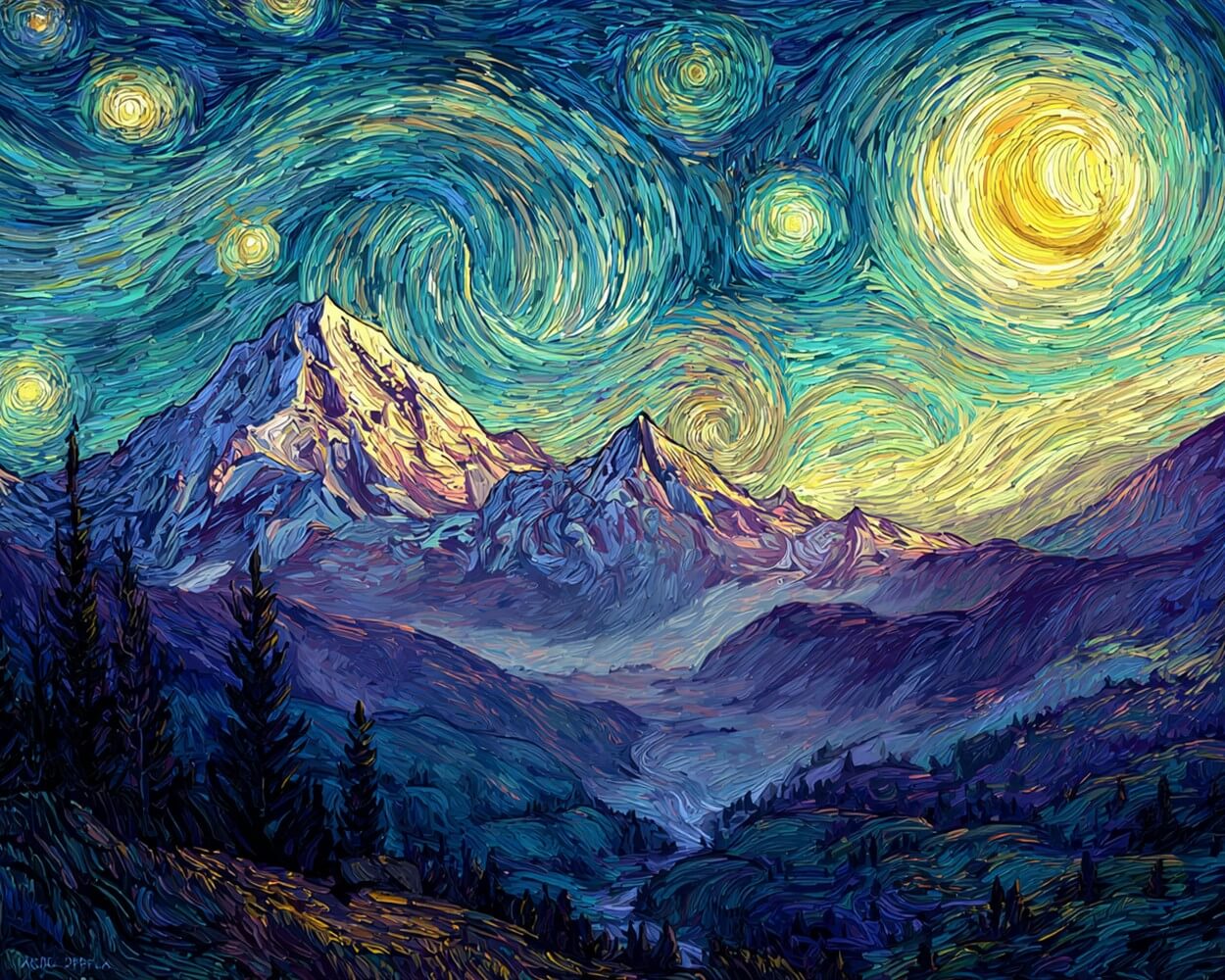 Montagnes sous une Nuit Étoilée Style Van Gogh Broderie Diamant