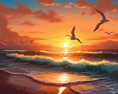 Mouettes Volant au Coucher du Soleil Broderie Diamant