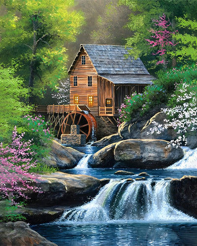 Moulin à Eau dans la Forêt d’Été Broderie Diamant