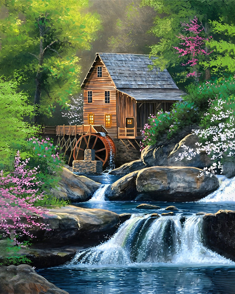 Moulin à Eau dans la Forêt d’Été Broderie Diamant