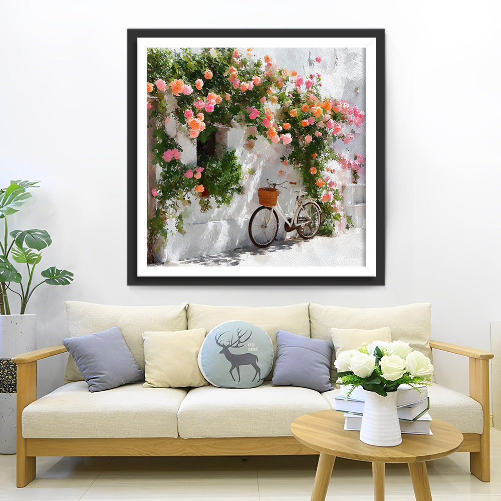 Mur Blanc, Vélo et Roses Roses Broderie Diamant