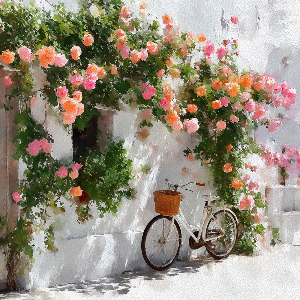 Mur Blanc, Vélo et Roses Roses Broderie Diamant