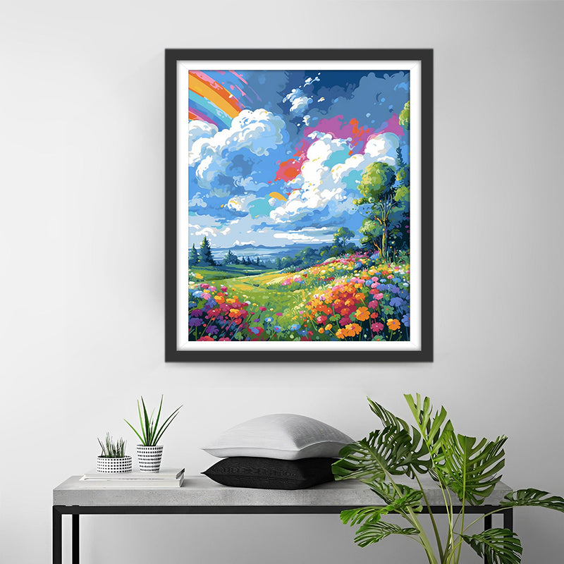 Nuages Blancs, Arc-en-ciel et Fleurs Broderie Diamant