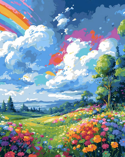 Nuages Blancs, Arc-en-ciel et Fleurs Broderie Diamant