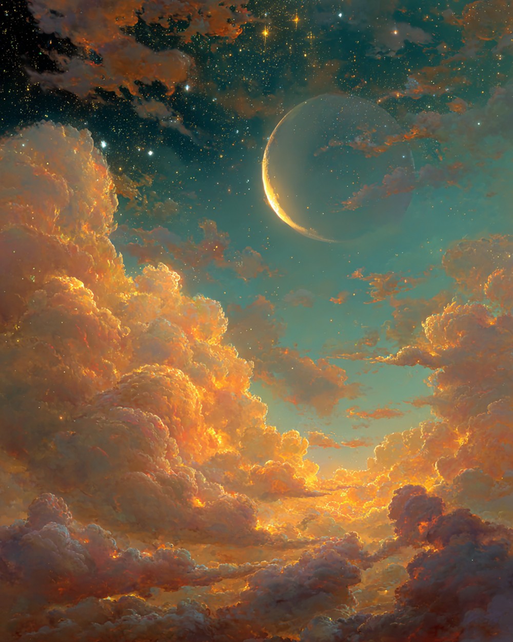 Nuages Dorés dans le Ciel Étoilé Broderie Diamant