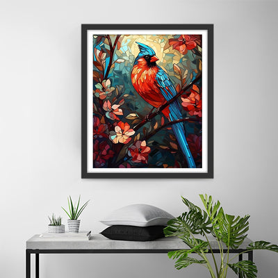 Oiseau Bleu et Rouge sur Branche Fleurie Broderie Diamant