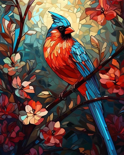 Oiseau Bleu et Rouge sur Branche Fleurie Broderie Diamant