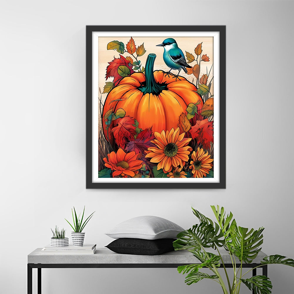 Oiseau, Citrouille et Tournesols Broderie Diamant