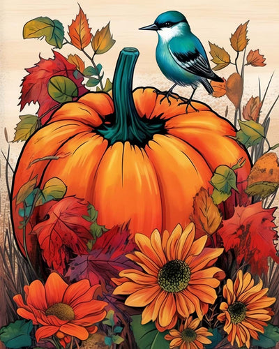 Oiseau, Citrouille et Tournesols Broderie Diamant
