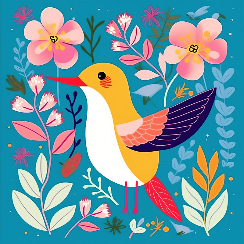 Oiseau et Fleurs Simples Broderie Diamant